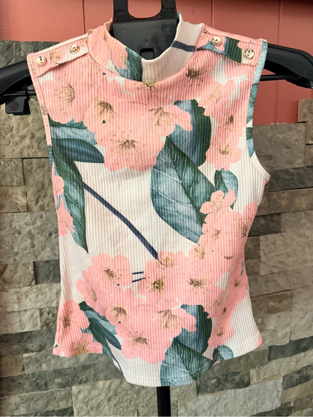 Amore Mio Women's Pink Floral Ribbed Mock Neck Button Shoulder Tank Top
